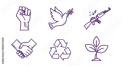 Peace and unity symbols: fist, dove, rifle, handshake, recycling, plant icons