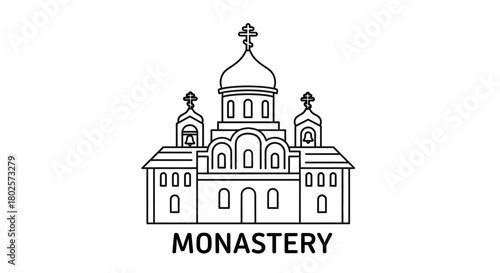 Orthodox monastery outline: elegant religious architecture in linear style