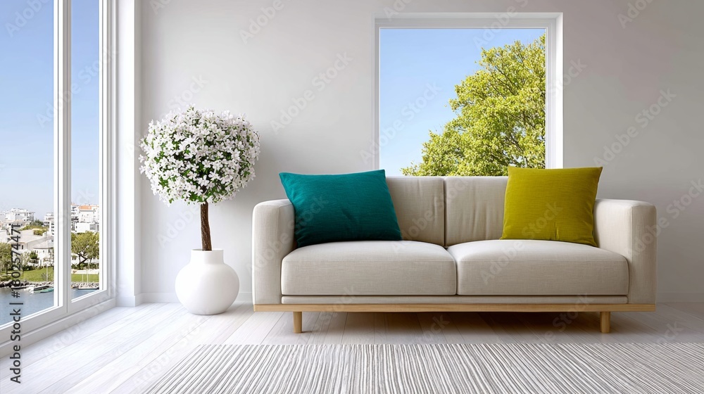 Fototapeta premium White couch with two pillows and a potted plant in front of a window. The couch is in a living room with a white wall and a white rug. The potted plant is a small tree with white flowers
