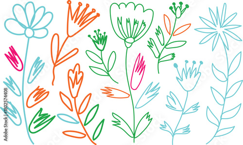 A vibrant collection of hand drawn whimsical floral illustrations in a loose sketchy style with bright colorful outlines on a white background