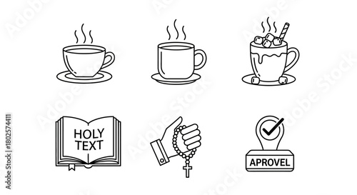 Set of simple icons: hot beverages, holy text, rosary, and approval checkmark