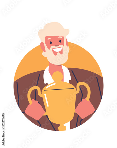 Senior man holding golden trophy