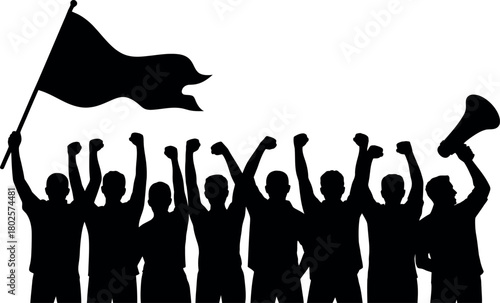 Crowd of people protesting with flag and megaphone silhouette style
