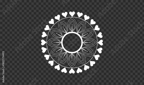 Intricate white mandala with hearts on transparent background
