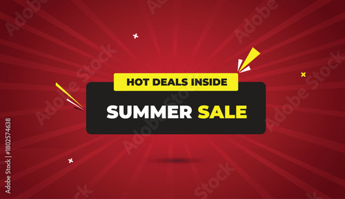 summer sale web banner hot deals vector art template design badge icon label bold text black gray yellow white shapes dark red light sun shine abstract business background