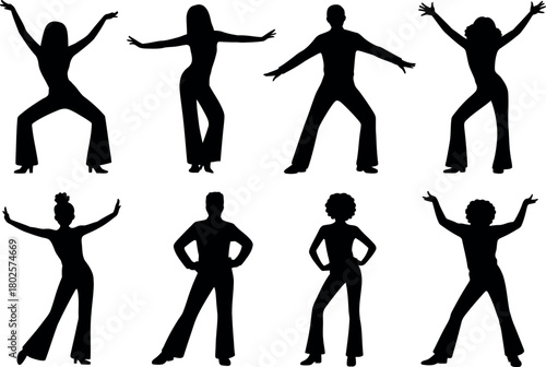 Disco dancer silhouettes collection of diverse people on white background