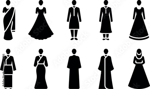 Diverse Traditional Clothing Styles Black and White Pictogram Set Illustration