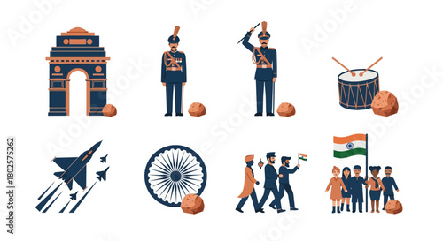 India republic day icons: soldiers, drum, airshow, flag, celebrating people