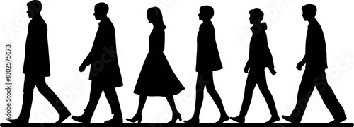 Silhouette of group of people walking on crosswalk in a row