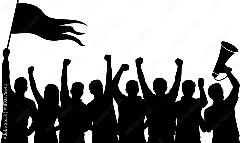 Obraz premium Silhouette of protesting crowd with raised fists and flag and megaphone