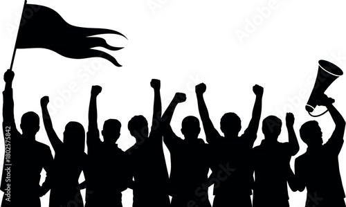 Silhouette of protesting crowd with raised fists and flag and megaphone