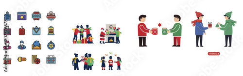 Collection of Christmas and Holiday Gift Exchange Illustrations and Icons.