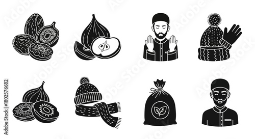 Black and white winter and fruit icons with beanie and gloves