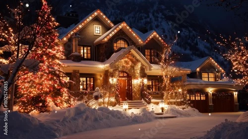 Wallpaper Mural A house with a Christmas tree on the porch. The house is lit up with lights and the snow is piled up around the house Torontodigital.ca