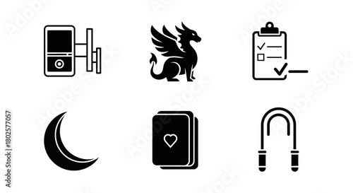 Minimalist icon set: gym, dragon, task list, moon, cards, headphones