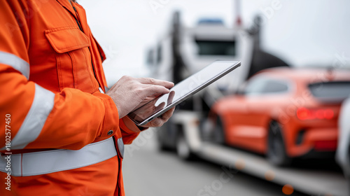 Tableau sur toile Torso-only shot of a towing technician holding a tablet while the car on the tru