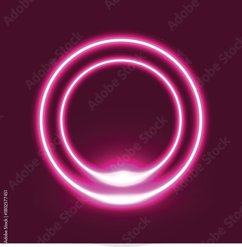 3d render, pink neon round frame, circle, ring shape, empty space, ultraviolet light, 80's retro style, fashion show stage, abstract background