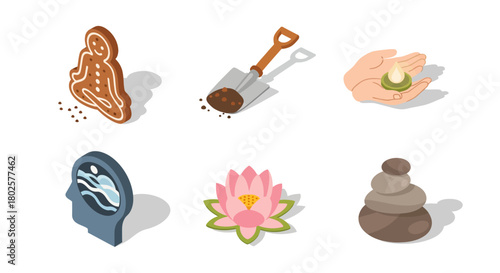 Isometric icons of wellness and nature: garden, zen, and mindfulness symbols