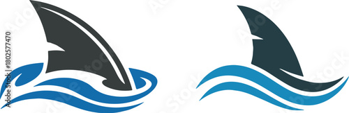 Two stylized shark fins emerge from dynamic blue ocean waves