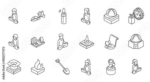 Meditation and wellness icons: isometric line art of yoga and relaxation symbols