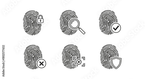 Fingerprint icons with security symbols: unlock, search, verify, error, scan, protect