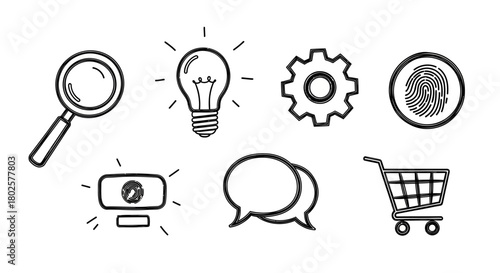 Hand-drawn icons: magnifying glass, light bulb, gear, fingerprint, webcam, speech bubbles, shopping cart