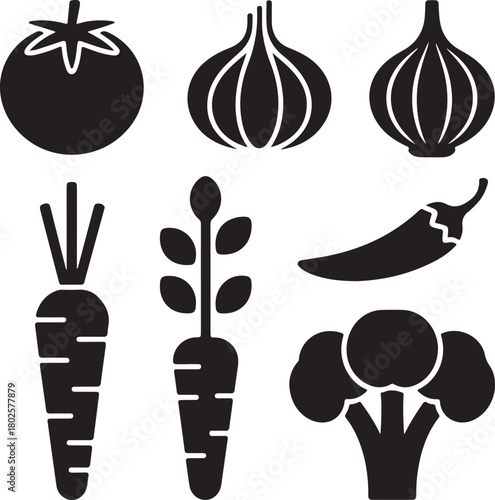 Collection of six black silhouette icons representing fresh vegetables