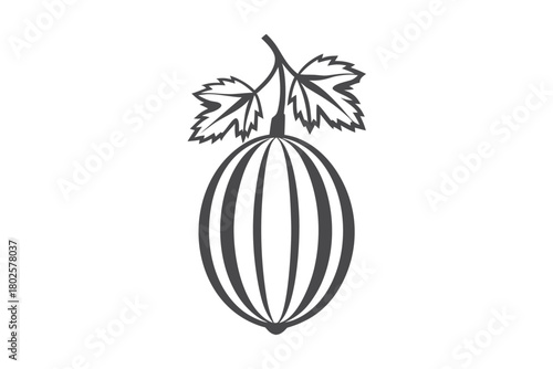Monochromatic stylized gooseberry displays vertical stripes and jagged leaves attached at the top portion