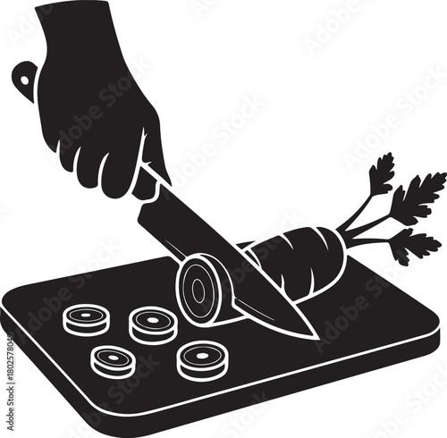 Hand slicing fresh carrot into round slices on a wooden cutting board