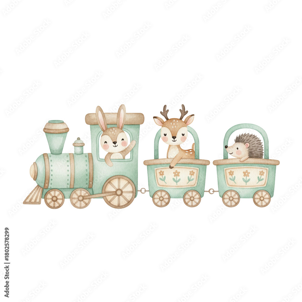 Naklejka premium Watercolor Illustration of Animals on a Toy Train