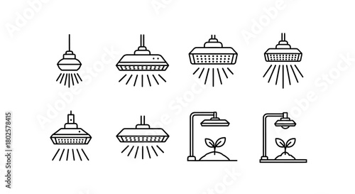 Linear icons of led grow lights and indoor plant cultivation lamps