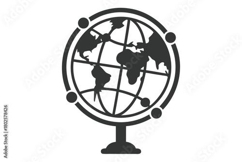 Monochrome desk globe with continents and meridian ring shows a simple navigation device