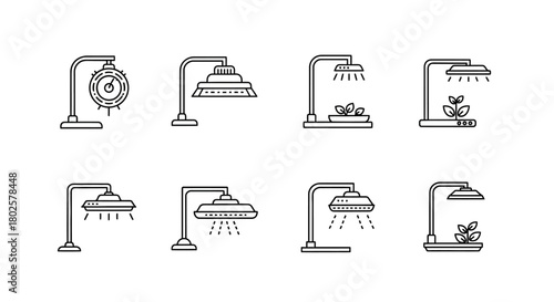 Set of modern linear led grow light icons for indoor plants and gardening