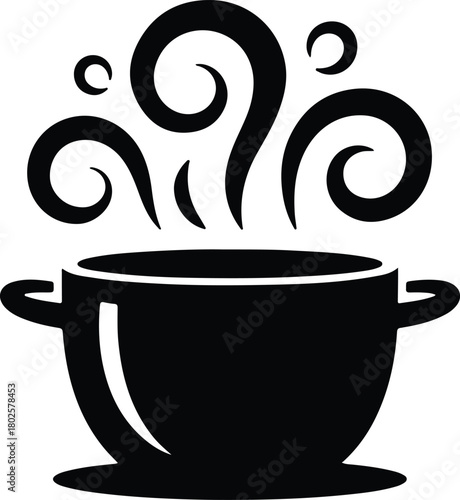 Black silhouette of a steaming pot with swirling steam and bubbles
