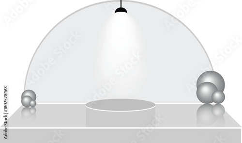 Set realistic cubes museum podium. Spotlight illuminates geometric gallery blank stands. Pedestal and platform, stand stage, cylinder. Empty stages and podium stairs 3d template - vector