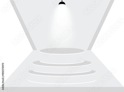 Set realistic cubes museum podium. Spotlight illuminates geometric gallery blank stands. Pedestal and platform, stand stage, cylinder. Empty stages and podium stairs 3d template - vector