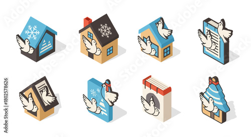 Isometric dove and house icons: peaceful winter-themed designs for holiday concepts