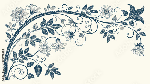 Elegant botanical flourish design, perfect for invitations, weddings, or sophisticated branding with floral scrolls, leaves, and flowers in a classic style