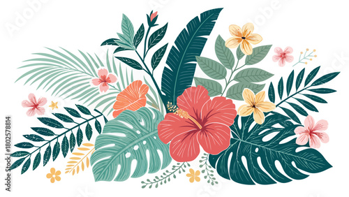 Tropical paradise awaits with this vibrant floral arrangement, bringing summer vibes and exotic beauty to your designs with these eye-catching botanical elements