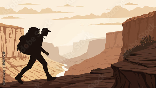 Adventurous solo hiker exploring the stunning vast canyon, a modern minimalist landscape art for travel, adventure, and outdoor lifestyle promotions