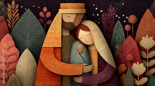 Warm Embrace in a Stylized Nativity Scene with Joseph Mary and Baby Jesus christmas photo