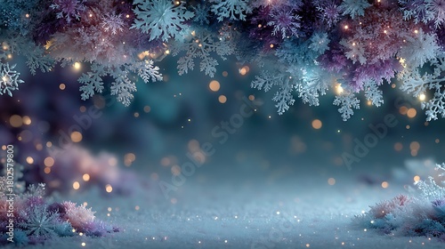Winter Wonderland Border with Snowflakes and Soft Bokeh Lights frost photo