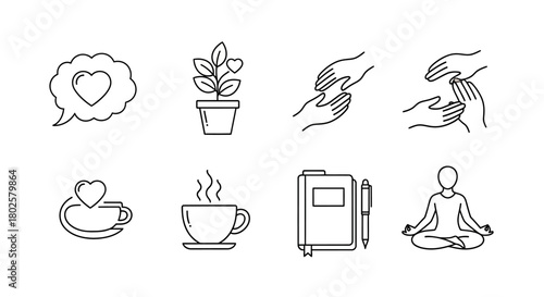Minimalist line art icons of mindfulness and self-care with yoga, plants, and coffee