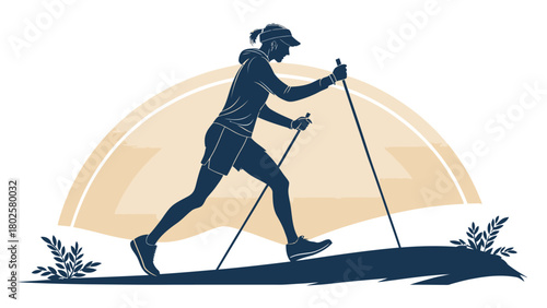 Get Inspired by this Silhouette of a Nordic Walker Woman Hiking for Health and Fitness, Perfect for Active Lifestyle and Outdoor Adventure Campaigns