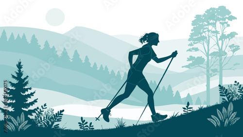 Empowering Nordic walker amidst serene mountain landscape, embracing wellness and adventure, perfect for active lifestyle and outdoor pursuits promotions