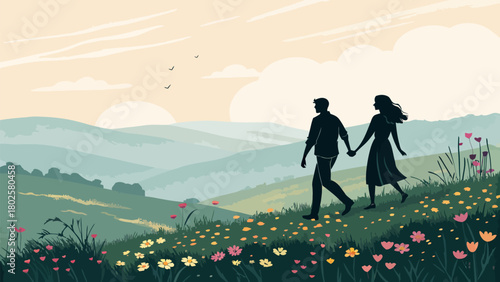 Silhouette couple holding hands, walking through wildflower field at sunset, evokes romance, connection, and peaceful escape, perfect for travel, love themes