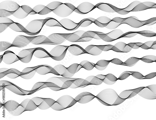A large set of abstract smooth wavy line blends isolated on a white background. Dynamic wave line blend for design element. Abstract twisted curve lines with blend effect.