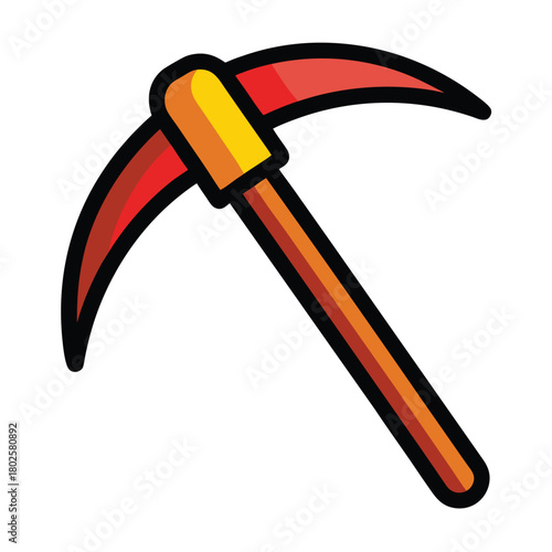 Vector clip art of a red hammer and sickle metal hand tool isolated on a black background for repair work and industry equipment