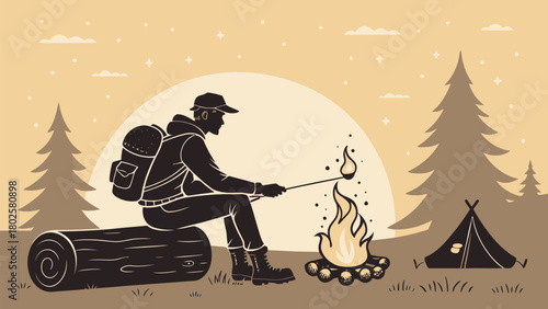 Adventurer enjoying campfire stories under the stars, a peaceful moment in nature, camping trip vibes, outdoor lifestyle, vector illustration, adventure awaits