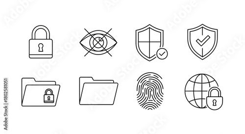 Linear security icons: lock, privacy, shield, folder, fingerprint, globe